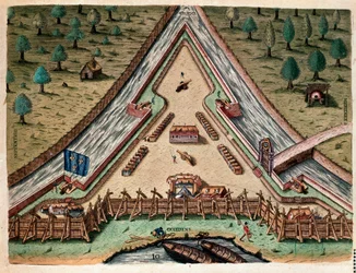 Amerikas historie: "Life of Fort Carolina, Bastion of Carolina" "Gravering fra "Admirante Narratio Americae"" af Theodore de Bry (1528-1598) efter en tegning af Jacques le Moyne (de Morgues) (1533-1588)