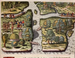 Amerikas historie: "" Franskmændene fra ekspeditionen af Jean Ribault (eller Ribaut) bosat i Charlesfort (Fort Carolina) giver mad til Florida-indianerne, alligatorer er repræsenteret i floderne""" Gravering fra "Admirante Narratio Americae"" ( Historie o