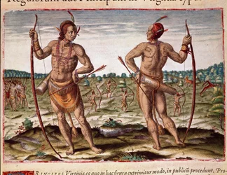 Amerikas historie: "" To indbyggere i Virginia, indiske våben med pile og bue"" Indgravering fra "" Admirante Narratio Americae"" af Theodore de Bry (1528-1598)