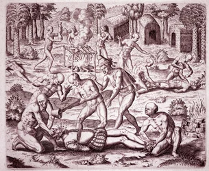 Historien om Amerika: beskrivelse af de tortur, som indianerne påførte spanske bosættere, hældte guld i munden og skar deres medlemmer for at spise dem (gravering)