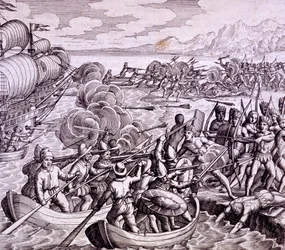 Hvordan spanierne landede på øen Haiti, med 400 mand, der lod en stor kamp med de indfødte, illustration fra 