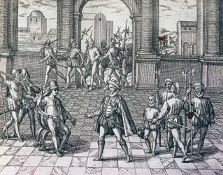 Inkakejser Atahualpa bliver taget til fange af spaniere i Cajamarca, Peru, gravering fra amerikansk historie af Theodore de Bry (1528-1598), Frankfurt