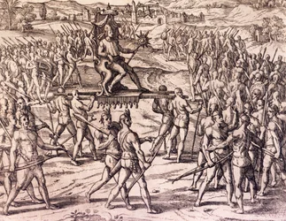 Inkakejser Atahualpa besejret af Francisco Pizarros (1475-ca. 1541) spanske tropper, Peru, kobberstik fra Amerikansk historie af Theodore de Bry (1528-1598), Frankfurt