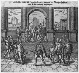 Kong Atahualpa (ca. 1502-33) behandler sin løsesum med Francisco Pizarro, 1533 (gravering) (bw foto)