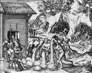 Minedrift efter mineraler i Central- og Sydamerika, gravering fra Americae pars V, af Theodor de Bry (1561-1623)