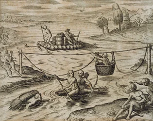 Native American Indians Going Down River Rapids, af Theodore de Bry