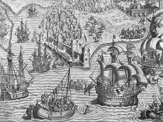 Søslag, gravering fra amerikansk historie af Theodore de Bry (1528-1598), Frankfurt