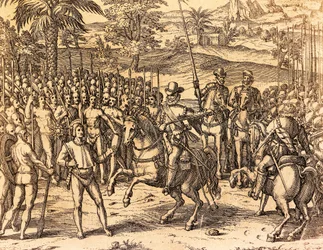 Pizarro bliver budt velkommen af de indfødte, illustration fra amerikansk historie af Theodore de Bry