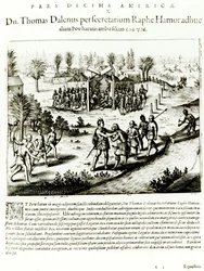 Ralph Hamor besøger Powhatan, 1619 (gravering) (foto i s/h)