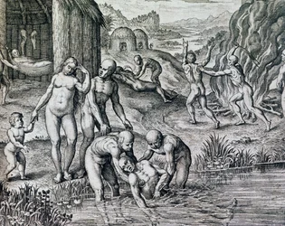 Midler brugt af indfødte mod sygdom, gravering fra Historia America, af Theodor de Bry (1528-1598), Frankfurt