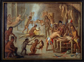 Scene for kannibalisme i Brasilien i 1644. Indianerne slugte deres fjender og fanger. Maleri af Jan van Kessel dit le vieux (1626-1679) (ec.flam.) fra en illustration af Theodore de Brys rejser til Brasilien. Sol. 0,18x0,24 m La Rochelle, museum d