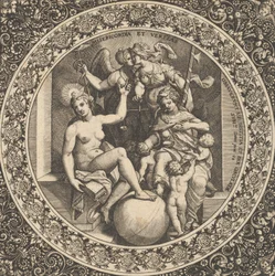 Scene med Misericordia og Veritas i en cirkel i midten, 1580-1600.