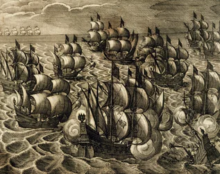 Spansk Armada kommando af Rodrigo Mendoza, gravering af Theodore de Bry (1528-1598) taget fra History of America af Theodore de Bry, Spanien, 1602