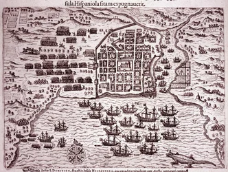 Francis Drake-flåden indtager øen Santo Domingo (gravering