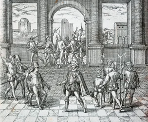 Inkakongen Atahualpa bliver taget til fange af spaniere i Cajamarca, illustration fra amerikansk historie af Theodore de Bry