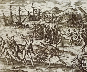 The Spanish In America, af Theodore De Bry, gravering