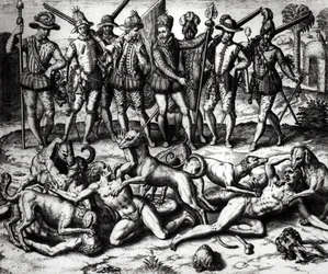 Vasco Nunez de Balboas (1475-1571) hunde angriber indianerne