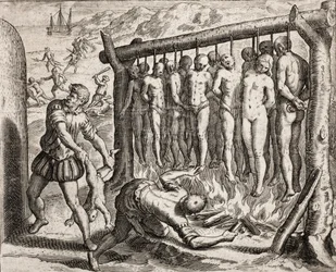 Tretten hængte og brændte ofre, skildring af forbrydelser begået mod indianere af spanske bosættere, fra «Narratio regionum indicarum per Hispanos quosdam devastatarum verissima» af Bartolomé de las Casas