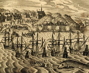 Udsigt over havnen i Acapulco i Mexico, gravering fra Historia Americae, af Theodor de Bry (1528-1598), Frankfurt