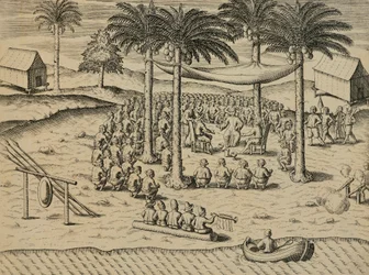 Velkommen fra indfødte afrikanske indfødte, Illustration fra Indiae Orientalis af Antonio Pigafetta, af Theodore de Bry
