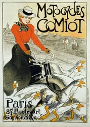 Reklameplakat for Comiot motorcykler. En ung kvinde på knallert ruller blandt en gruppe gæs. Plakat af Theophile Alexandre Steinlen (1859-1923). 1899. Paris, dekorativ kunst.