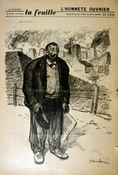 Tegning af en fattig fabriksarbejder mod et industrielt landskab af Alexandre Steinlen (1859-1923), en schweizisk-født fransk art nouveau-maler og grafiker