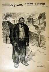 Tegning af en fattig fabriksarbejder mod et industrielt landskab af Alexandre Steinlen (1859-1923), en schweizisk-født fransk art nouveau-maler og grafiker