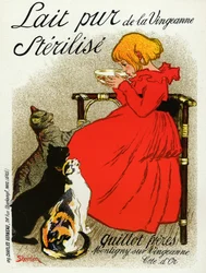 Mad og drikke. Vingeanne mælk. Lille pige med katte. Plakat af Steinlen, Frankrig, ca. 1890 (plakat)