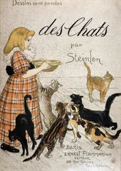Pige bringer en mælkeskål til katte - cover “” Cats” af Steinlen, n.d. 19.