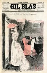 Illustration af Steinlen til Guy de Maupassants novelle «Halskæden». Madame Loisel ser på sig selv i spejlet, mens hendes mand tager hendes sko af. Hun opdager, at hun har mistet halskæden, en diamant-rivière, som hendes veninde Madame Forestier havde