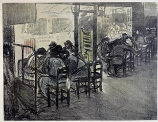 På caféens terrasse (På montren står der skrevet "" Absinthe 15"", "" Pernod 20") Tegning af Theophile Alexandre Steinlen (1859-1923) Paris fra det 20. århundrede, Musee Carnavalet