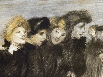 Midinetternes udgang (detalje) (før 1907). Theophile Alexandre Steinlen (1859-1923). Kul og pastel på papir. Musee des Beaux-Arts de la Ville de Paris, PeuPalais.