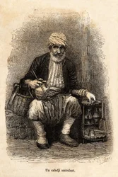 En rejsende kaffesælger (cafedji) i basaren i Trebizond, det nuværende Trabzon ved Sortehavskysten, stik efter en tegning af fortælleren, som illustrerer en rejse til Lazistan og Armenien i 1869, af Théophile Deyrolle, udgivet i “Le Tour du monde”