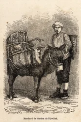 En kulhandler med sit æsel i Djewilisk (det nordlige Anatolien), indgraveret efter en tegning af fortælleren, der illustrerer en rejse i Lazistan og Armenien i 1869, af Theophile Deyrolle, udgivet i "" Le tour du monde"" 1875, redigeret af Edouard Charton