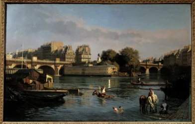 Den nye bro og spidsen af Ile de la Cite. Udsigt over Paris. Maleri af Theophile Meunier (1800-1884)