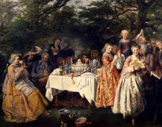 Picnic på landet, i kroens have i udkanten af Strasbourg af Theophile Schuler (1821-1878), omkring 1750