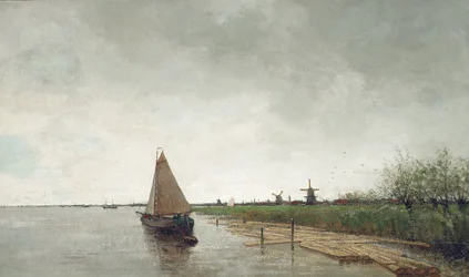 Et flodlandskab med fartøjer, en by hinsides (olie på lærred)