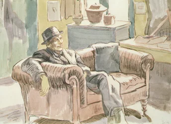 Walter Sickert siddende på en sofa, ca. 1927 (sort kridt & akvarel på papir)