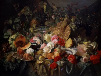 Stilleben med roser og frugt. Maleri af Theude Gronland (1817-1876)
