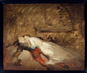 Les lovers Romeo et Juliet Illustration af stykket af samme navn af William Shakespeare (1564-1616), der repræsenterer elskendes død i scene 3 i akt V. Esquisse de Theodore Chasseriau (1819-1856) Søn. 0,50 x 0,61 m Paris. Louvre-museet