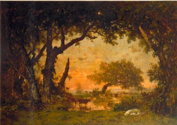 Udgang fra skoven i Fontainebleau, solnedgang (olie på lærred