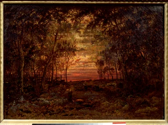 Solnedgang i skoven Maleri af Theodore Rousseau (1812-1867) Barbizon School fra det 19. århundrede. Svag. 0,46x0,62m. Olie på lærred. .