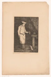 Mørkt interiør med en kok, der holder et stykke kød op til en kat Le déjeuner du chat (titel på objekt) Eaux-Fortes Modernes: Originales et Inédites (serietitel)