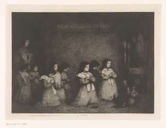 En gruppe piger i bøn foran en statue af Maria La Priere (titel på objekt) Eaux-Fortes Modernes: Originales et Inédites (serietitel)