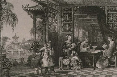 Damer fra en mandarinfamilie ved kortspil, fra "China in a Series of Views" af George Newenham Wright (ca.1790-1877) 1843 (stik)