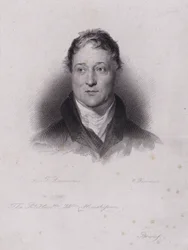 William Huskisson, engelsk politiker og finansmand, dræbt i en jernbaneulykke, da han blev kørt over af Robert Stephensons banebrydende damplokomotiv Rocket (gravering)
