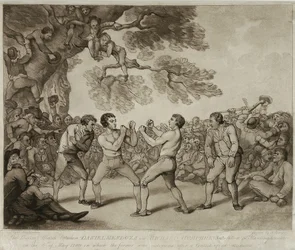 Boksekampen mellem Daniel Mendoza og Richard Humphreys i Stilton, Huntingdonshire, 6. maj 1789, indgraveret af Joseph Grozer (ca. 1755-99) (gravering)