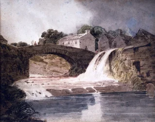 Bro og vandfald, ca. 1800-30 (akvarel)
