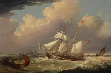 Den engelske brig "The Guide" på vej ind i floden Elben i Tyskland, 1828