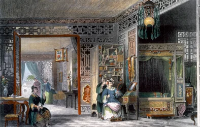 Boudoir og soveværelse hos en fornem dame, Kina, 1843